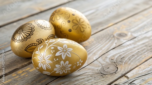 Golden Easter Eggs with Elegant Floral Engravings, Placed on a Rustic Wooden Table perfect for craft blogs, social media content, and artistic Easter-themed promotions. photo