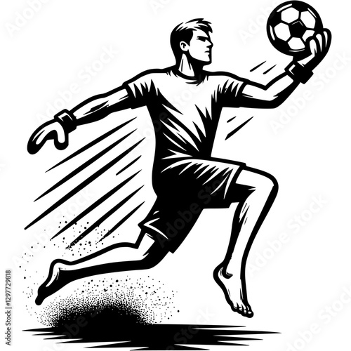 Tattoo emblem of beach soccer team goalkeeper runs with ball in his hand to kick it out of penalty area in monochrome. Engraving minimalistic vector in black ink drawing on transparent background