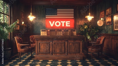 A vintage voting station featuring a prominent American flag and an inviting wooden decor, symbolizing civic engagement and democracy. Copy space, commercial use