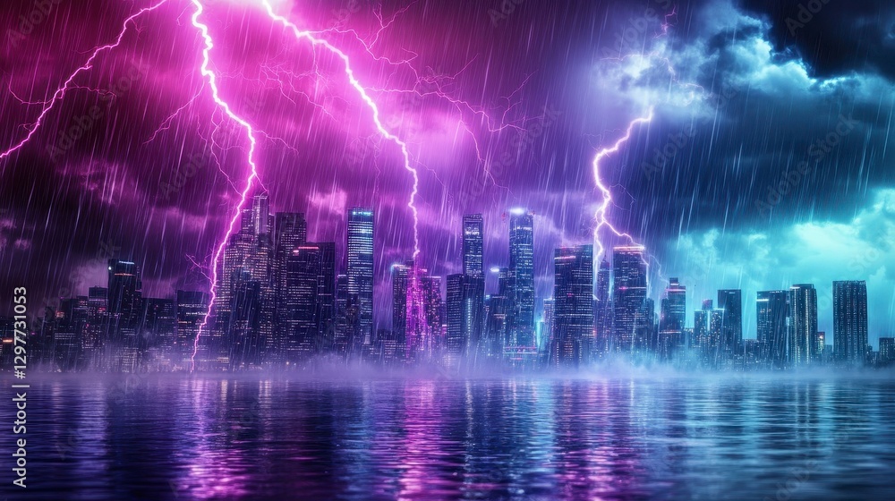 Obraz premium Dramatic Thunderstorm Over Vibrant Cityscape at Nighttime