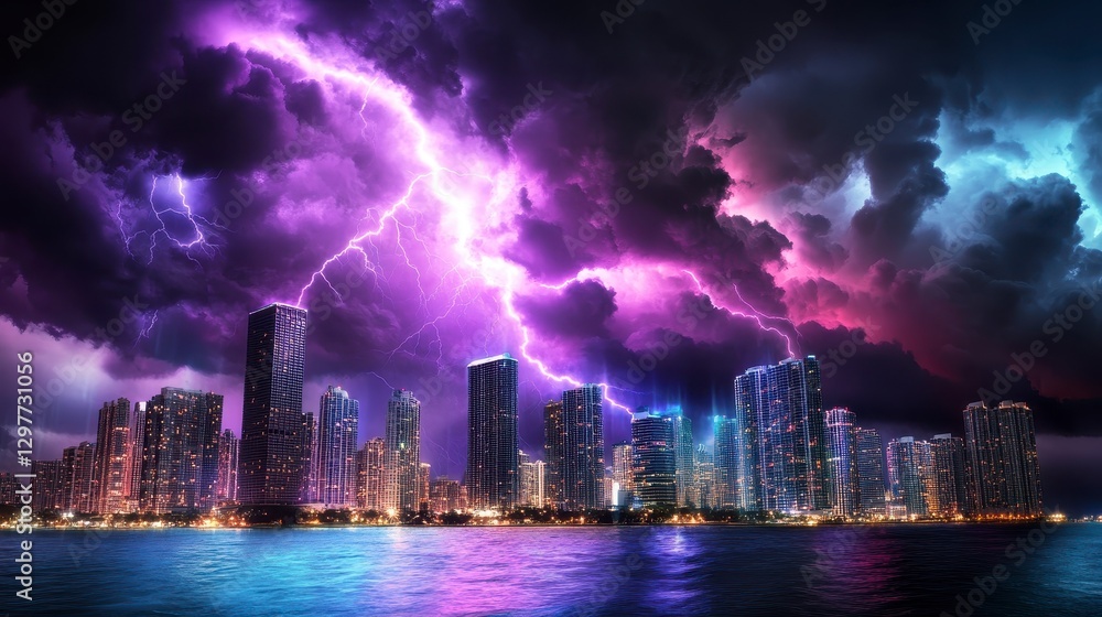 Fototapeta premium Dramatic Lightning Storm Over Urban City Skyline at Night