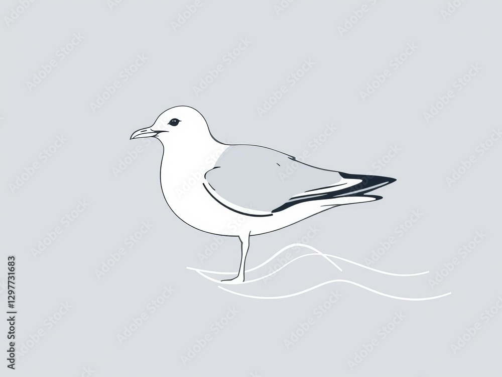 Obraz premium Abstract posters with minimalist line drawings of seagulls and sea waves in trendy style, design, seagull