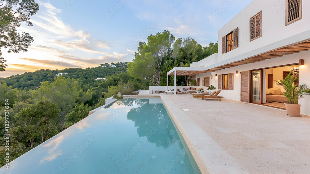 Fototapeta premium Luxurious Modern Villa with Infinity Pool and Scenic Landscape during Golden Hour