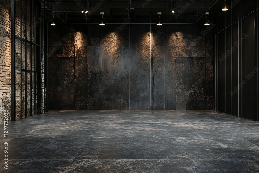 Dark Industrial Loft Interior Design Empty Room Space Modern Architecture Background Black Metal Wall Grey Floor Industrial Style Photography Studio Dark Industrial Loft Interior Design Empty Room Space Modern Architecture Background Black Metal Wall Grey Floor Industrial Style Photography Studio