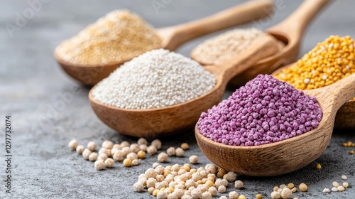 Colorful quinoa varieties in wooden spoons on grey background; healthy food concept