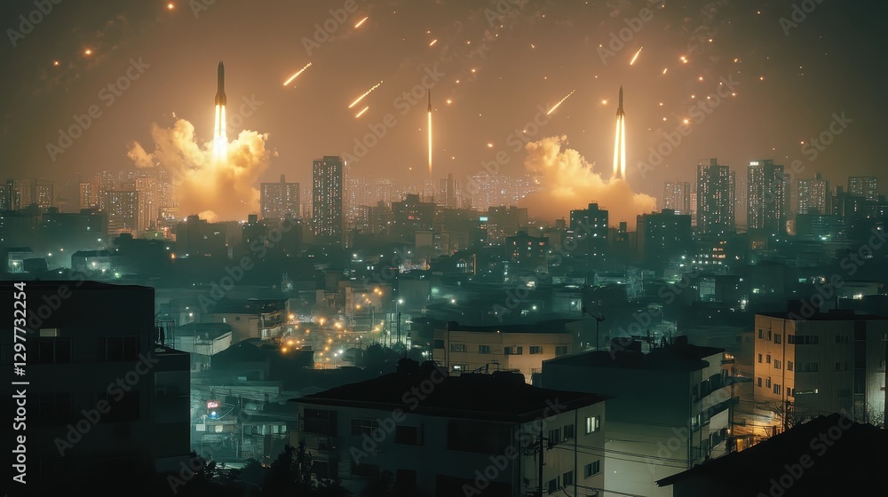 Fototapeta premium Night Cityscape Rockets Launching Futuristic Sci Fi