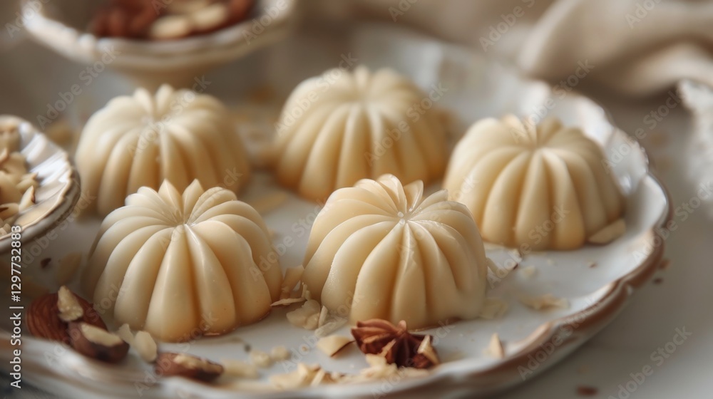 Marzipan: A round confection made of sugar and almond meal, often molded into candies or festive decorations, offering a sweet, nutty flavor and smooth texture.
Marzipan: A round confection made of sugar and almond meal, often molded into candies or festive decorations, offering a sweet, nutty flavor and smooth texture.