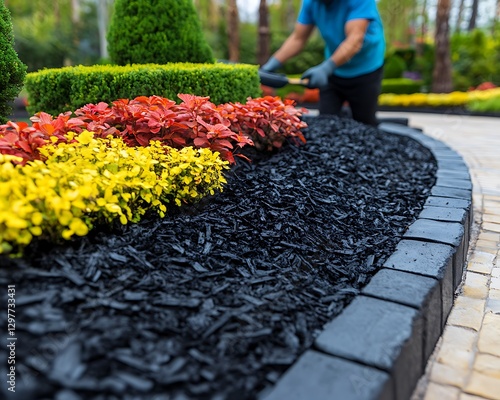 Gardener mulching garden bed outdoors