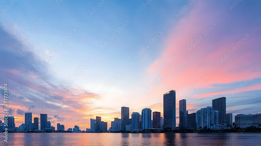 City Skyline Silhouetted Against Vibrant Sunset Hues Reflected On Calm Water Surface City Skyline Silhouetted Against Vibrant Sunset Hues Reflected On Calm Water Surface