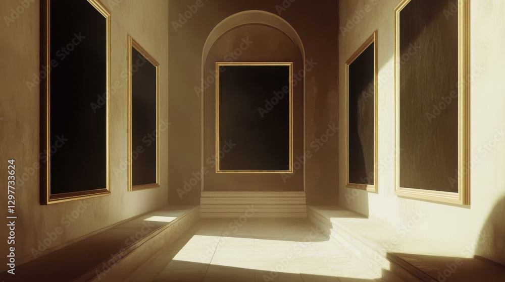 Fototapeta premium Elegant Gallery Corridor with Empty Golden Frames