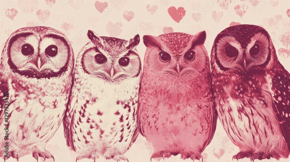 Fototapeta premium Four Owls Pink Hearts Valentine s Day Romantic Birds