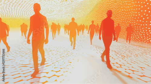 The image depicts multiple human silhouettes walking in an abstract, brightly lit corridor or tunnel.  The figures are rendered as orange-toned silhouettes against a background featuring a