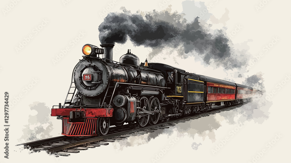 Obraz premium A digital painting depicting a vintage steam locomotive pulling several passenger carriages. The locomotive is predominantly black with red accents, emitting dark grey and black smoke. The style is
