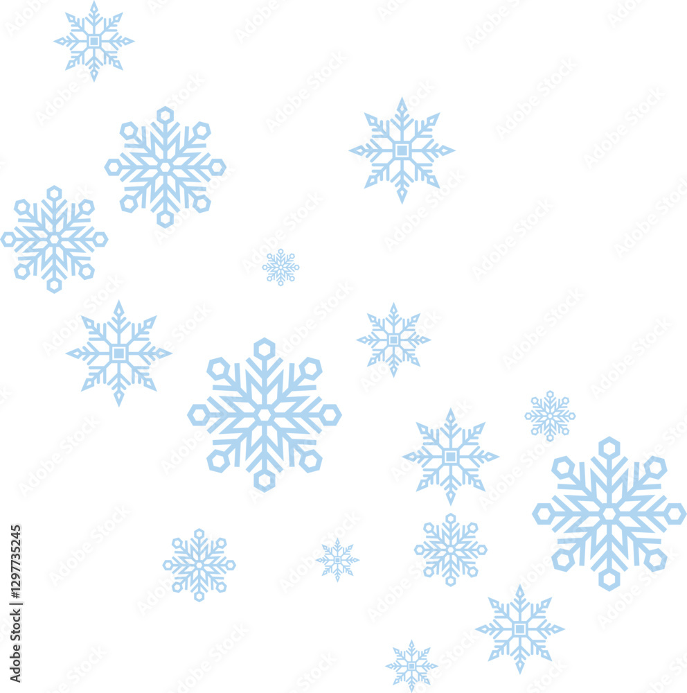 Snowflake set. Snowflakes falling christmas decoration isolated on white background. Blue snow flake flying transparent background
