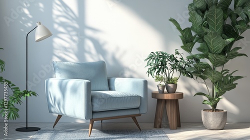 Elegant light blue armchair with a gracefully curved backrest and gently angled armrests, inviting relaxation. Positioned leftward in this 3D render, it exudes modern comfort photo