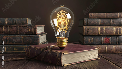 Glowing vintage light bulb with gears, surrounded by old books