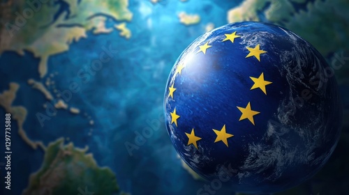 A digital rendering of the EU flag and a globe, symbolizing the international reach of the European Union