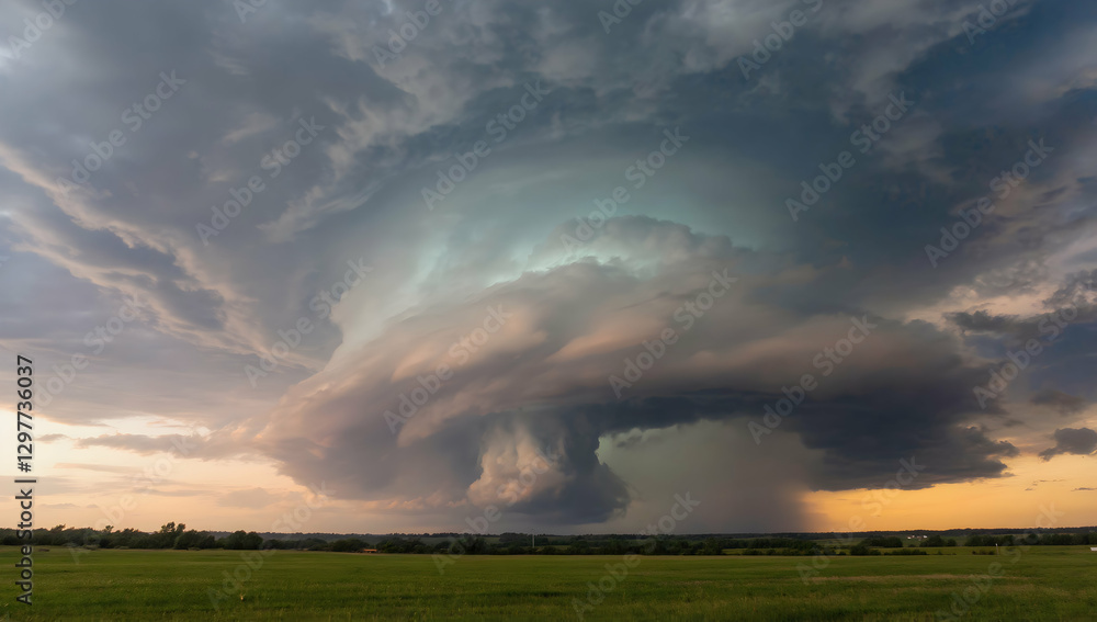 Towering storm clouds release rain over a vast, glowing horizon field Towering storm clouds release rain over a vast, glowing horizon field