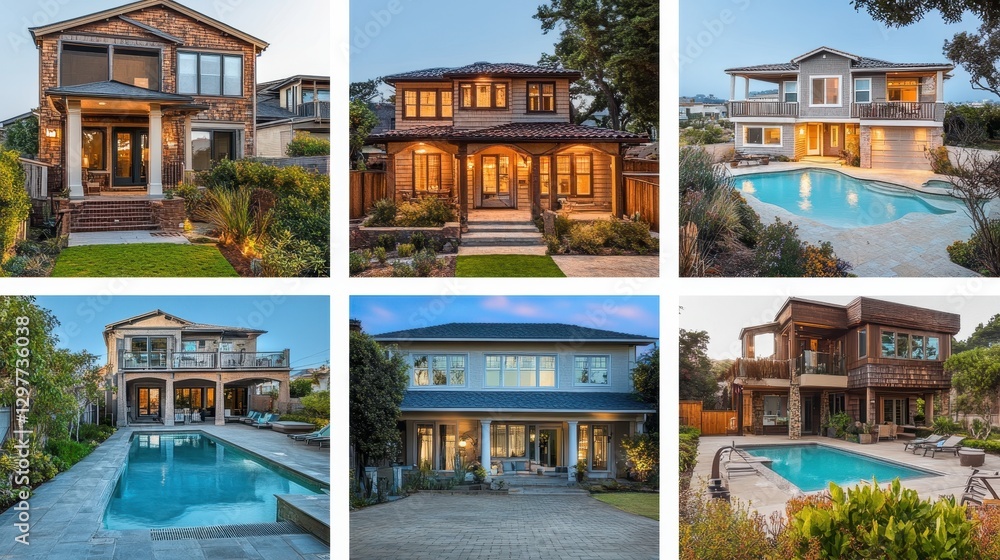 Fototapeta premium Luxury Waterfront Homes Modern Classic Architecture Poolside Living