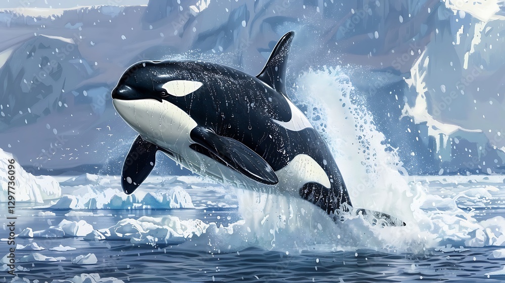 Fototapeta premium Majestic Orca Whale Breaching in Icy Ocean with Snowy Mountains in the Background
