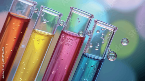 Close-up shot of five transparent test tubes filled with different colored liquids. The liquids are red, pink, yellow, orange, and blue.  Small bubbles are visible in some of the tubes, indicating