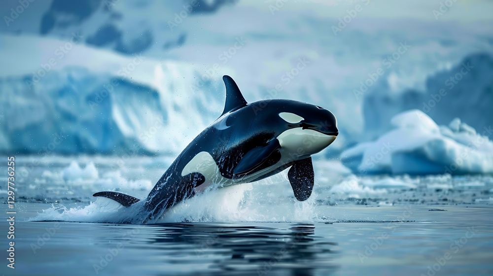 Fototapeta premium Majestic Orca Whale Breaches in Icy Arctic Waters Under Clear Blue Sky and Floating Icebergs