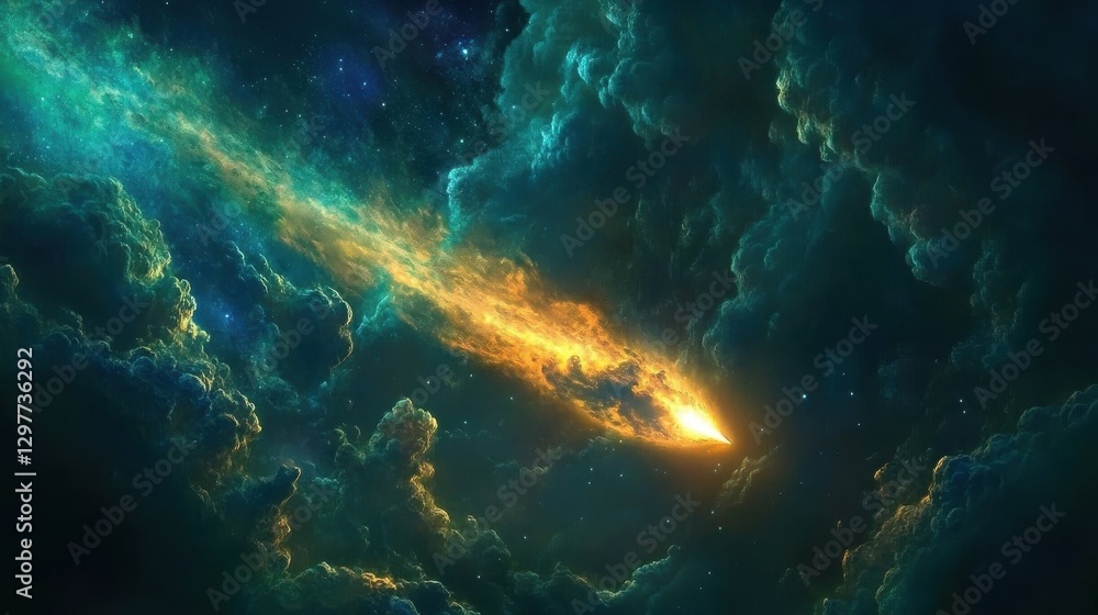 Obraz premium A vibrant celestial scene features cosmic clouds and a bright tail