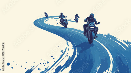 An illustration depicting four motorcyclists riding on a winding road. The style is abstract, with the road and motorcycles rendered in shades of blue with visible brushstrokes, creating a
