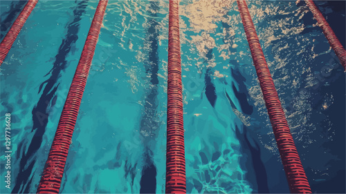 The image is an underwater, vertically oriented close-up shot of several swimming pool lanes.  The lanes are marked by red dividers, which are sharply in focus against a blurry, turquoise blue