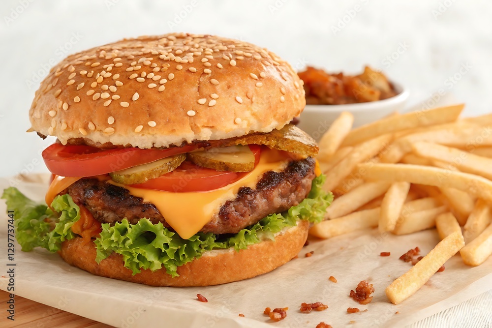 Delicious cheeseburger with fries and relish. Delicious cheeseburger with fries and relish.