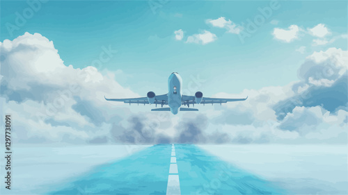 Low-angle, long shot of a passenger airplane during takeoff.  The airplane is centrally positioned, appearing to ascend from a light blue runway that extends to the horizon, disappearing into a