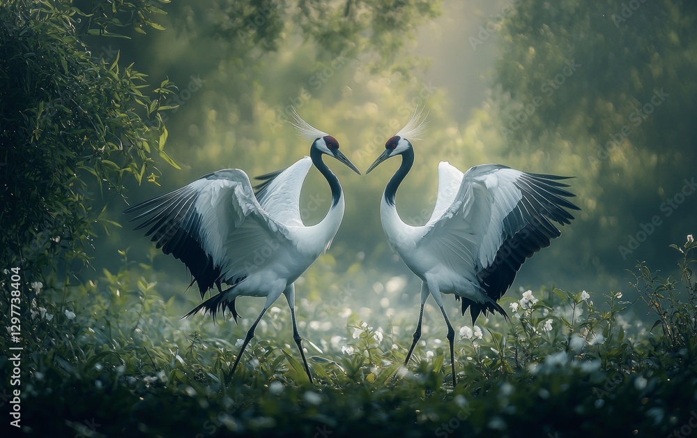 Fototapeta premium Majestic cranes engage in a graceful dance amidst lush greenery during early morning light