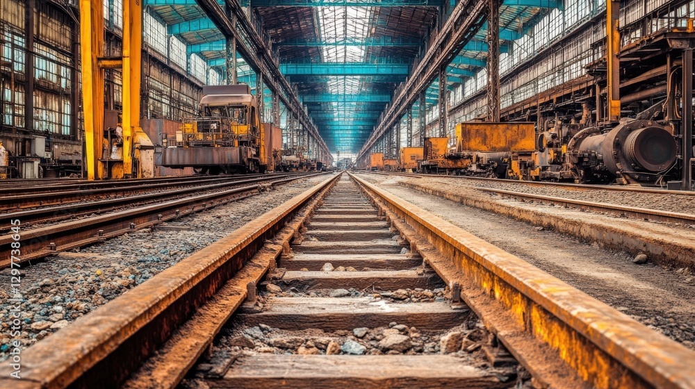 Rusty railway tracks receding into a vast industrial building, conveying themes of industry, decay, and time. Rusty railway tracks receding into a vast industrial building, conveying themes of industry, decay, and time.