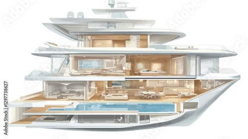 A digital illustration depicting a cutaway view of a luxury yacht's interior.  The illustration shows multiple decks, revealing various rooms including bedrooms, living areas, a swimming pool, and