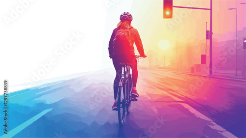 The image shows a rear view of a person cycling on a city street. The scene is engulfed in a thick fog or mist, creating a hazy atmosphere. The overall color palette is highly saturated with a