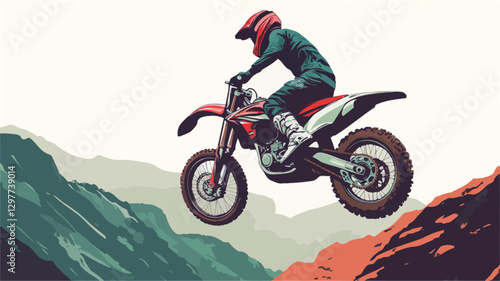 A vector illustration depicting a motocross rider airborne over a rocky, mountainous terrain. The style is graphic and stylized, with muted earth tones for the landscape and vibrant red and black