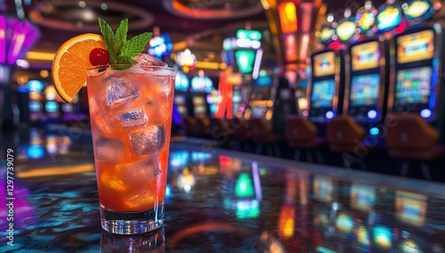 Refreshing Cocktail at a Vibrant Casino Bar