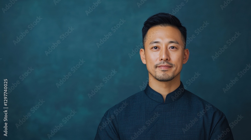 Obraz premium A confident man poses in front of a textured blue background, wearing a dark high-collared shirt, exuding calmness and approachability.