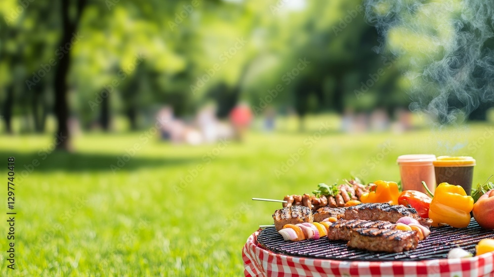 Embracing Summer Vibes: Warmth Positivity and Sunshine Energy, Grilled food on a picnic table with a blurred background of a sunny park. Embracing Summer Vibes: Warmth Positivity and Sunshine Energy, Grilled food on a picnic table with a blurred background of a sunny park.