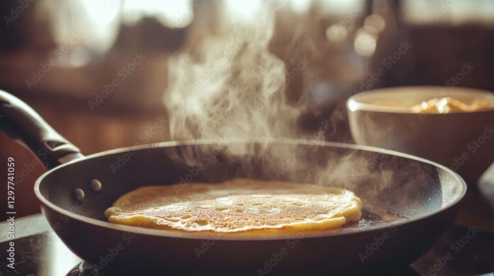 Cooking a fresh pancake in a skillet with steam rising in a cozy kitchen setting. Generative AI Cooking a fresh pancake in a skillet with steam rising in a cozy kitchen setting. Generative AI