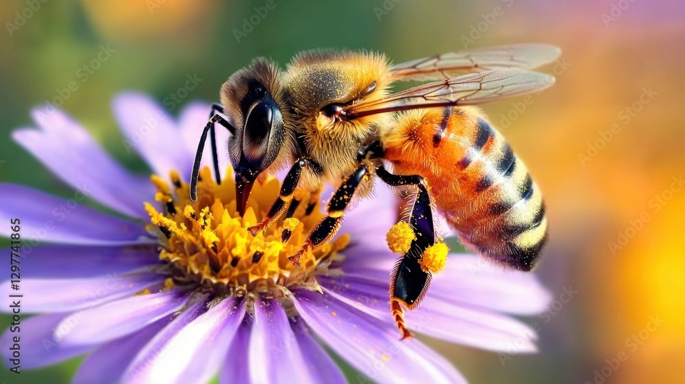 A bee with orange and black stripes and yellow pollen on its legs is collecting nectar from a purple flower. A bee with orange and black stripes and yellow pollen on its legs is collecting nectar from a purple flower.