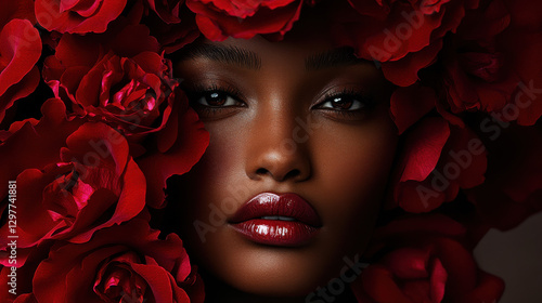 Wallpaper Mural A close-up of a woman's face, partially obscured by a cascade of crimson roses, set against a neutral monochrome background Torontodigital.ca
