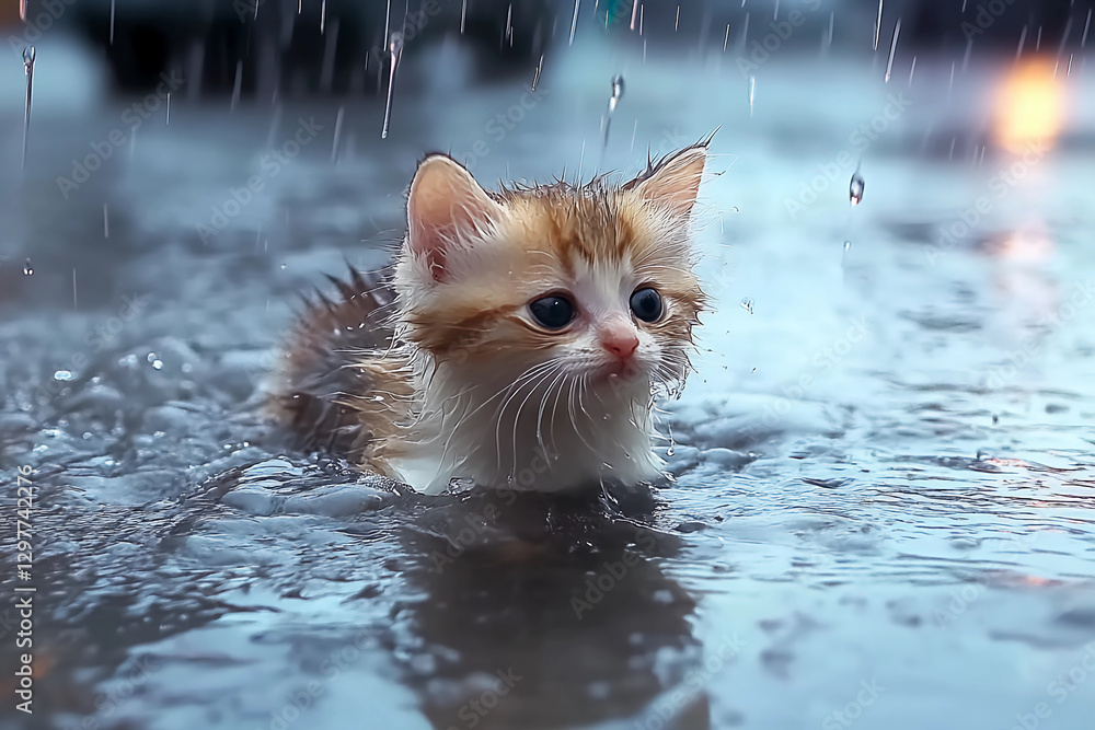 Title: Sad and helpless tiny kitten soaked in the rain, struggling to survive, showcasing the vulnerability and desperation of a young stray cat caught in a storm Title: Sad and helpless tiny kitten soaked in the rain, struggling to survive, showcasing the vulnerability and desperation of a young stray cat caught in a storm