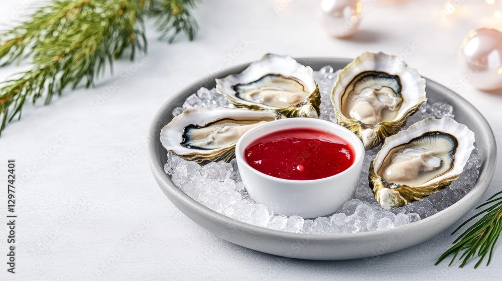 Fresh oysters on ice served with a vibrant red sauce, surrounded by festive decorations Fresh oysters on ice served with a vibrant red sauce, surrounded by festive decorations