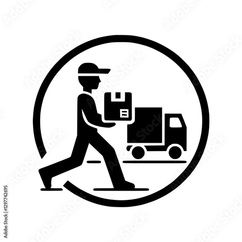 Delivery worker icon carrying a box next to a delivery truck, symbol of logistics