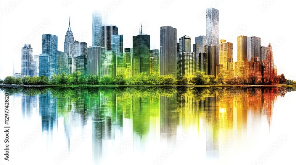 Vibrant urban skyline reflection abstract city landscape in diverse colors and contemporary design illustration over water backdrop Vibrant urban skyline reflection abstract city landscape in diverse colors and contemporary design illustration over water backdrop