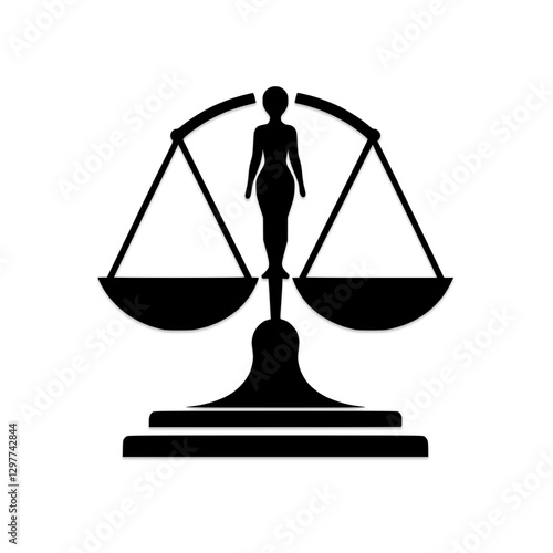 Justice symbol with woman silhouette in balanced scales icon, black design