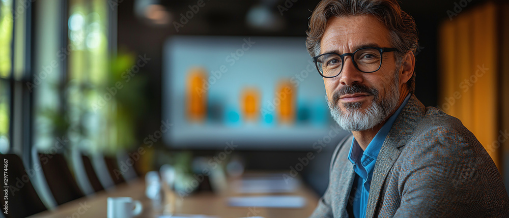 Confident Leader in Meeting Room: A distinguished business leader, radiating confidence, sits in a modern meeting room, gazing directly at the viewer. Confident Leader in Meeting Room: A distinguished business leader, radiating confidence, sits in a modern meeting room, gazing directly at the viewer.