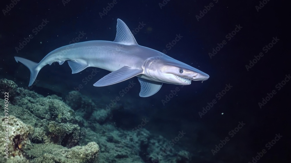 Naklejka premium A majestic sleek shark swims gracefully in the ocean depths