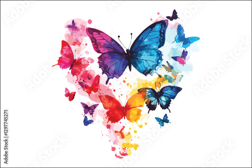 Whimsical Watercolor Butterflies and Heart Shapes Artwork